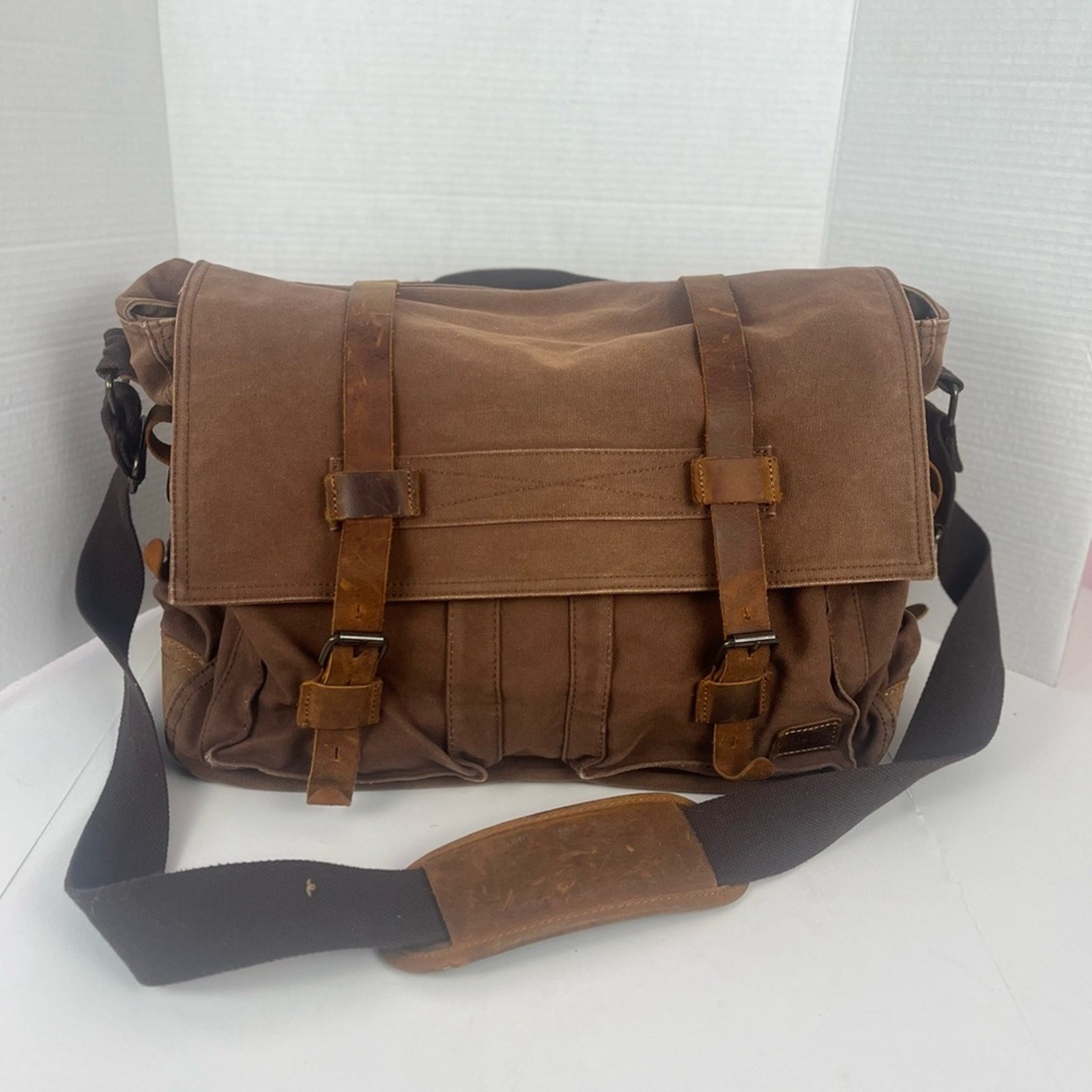 Leather & Canvas Messenger Bag Military Utility Duffle Chocolate Brown Gorpcore