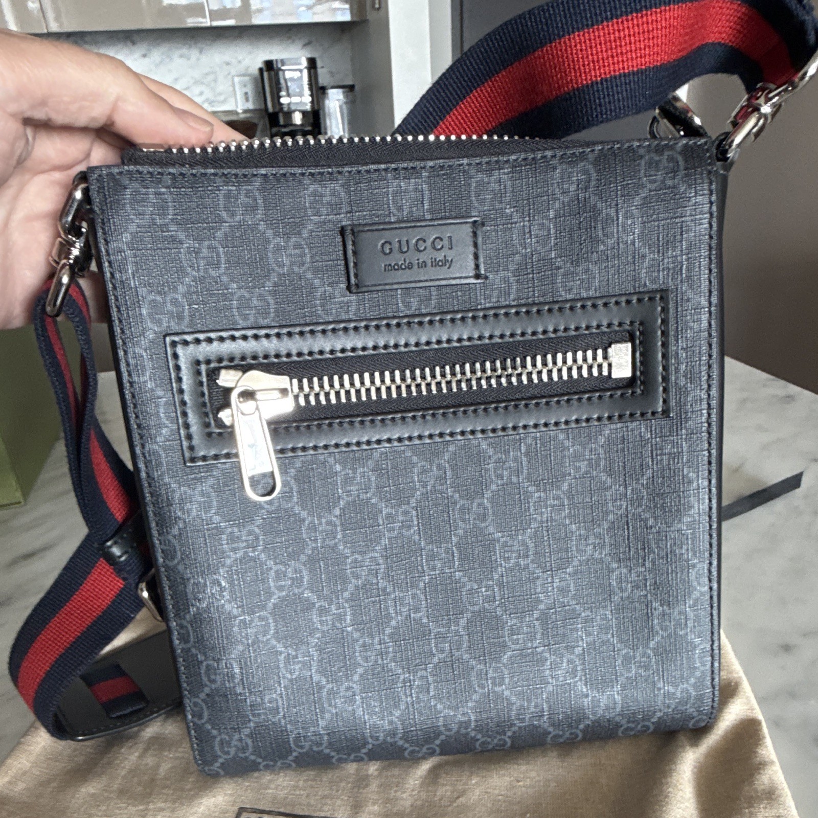 Gucci GG Pattern Black Crossbody Bag Zip Closure Adjustable Strap Inner Pockets
