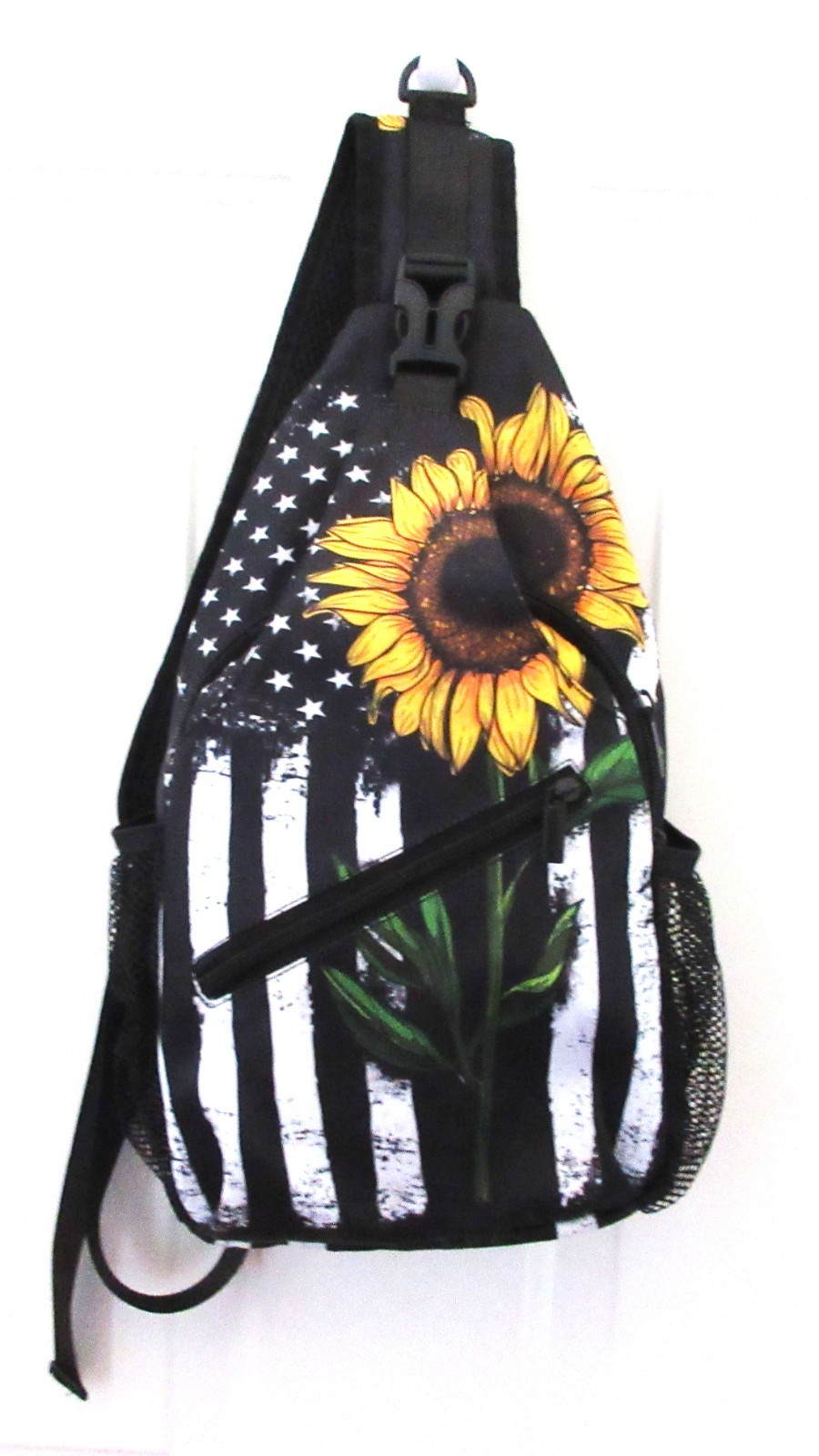 Sling Bag Crossbody Shoulder Backpack Adjustable Lightweight Am. Flag Sun Flower