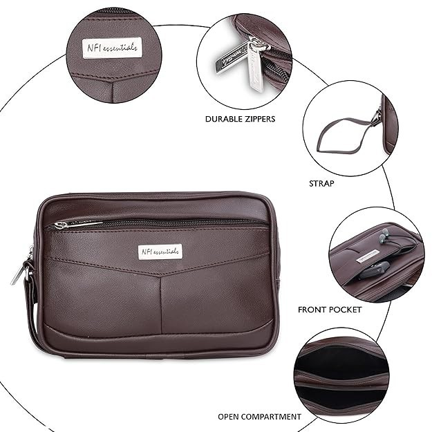 NFI essentials Mens Pouch Multipurpose Leather Toiletry Bag Money Carrying 2pcs