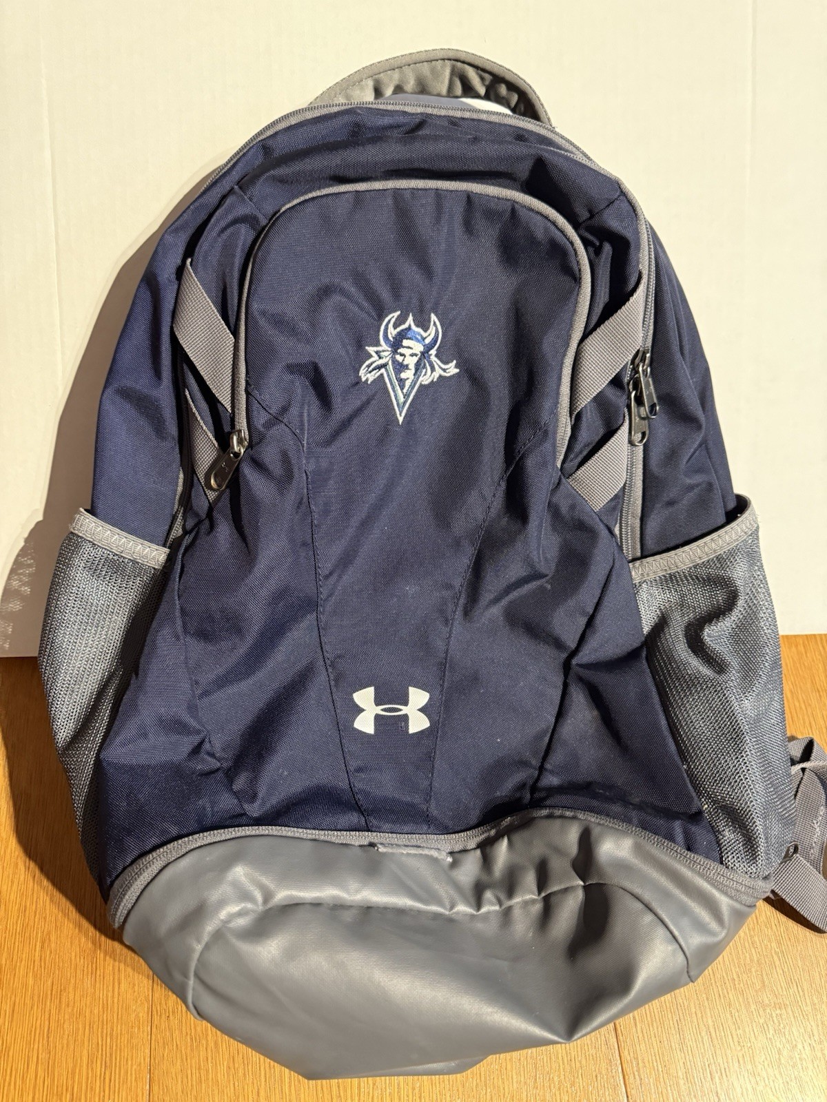 Under Armour Storm Backpack Navy Gray Viking Mascot Logo Water-Resistant OSFA