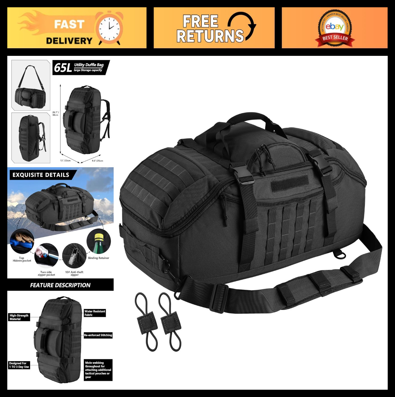 Large 65L Tactical Duffle Bag – 3-in-1 MOLLE Backpack for Sports, Gym & Outdoor