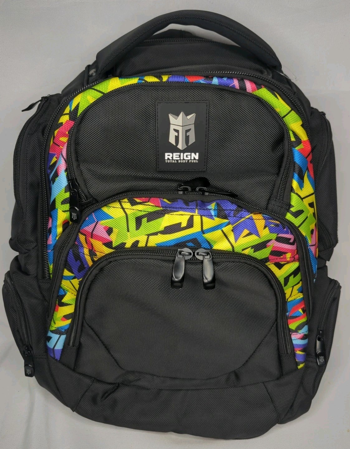 REIGN Total Body Fuel Backpack Energy Drink Gym Bag Bk Colorful Graffiti Monster