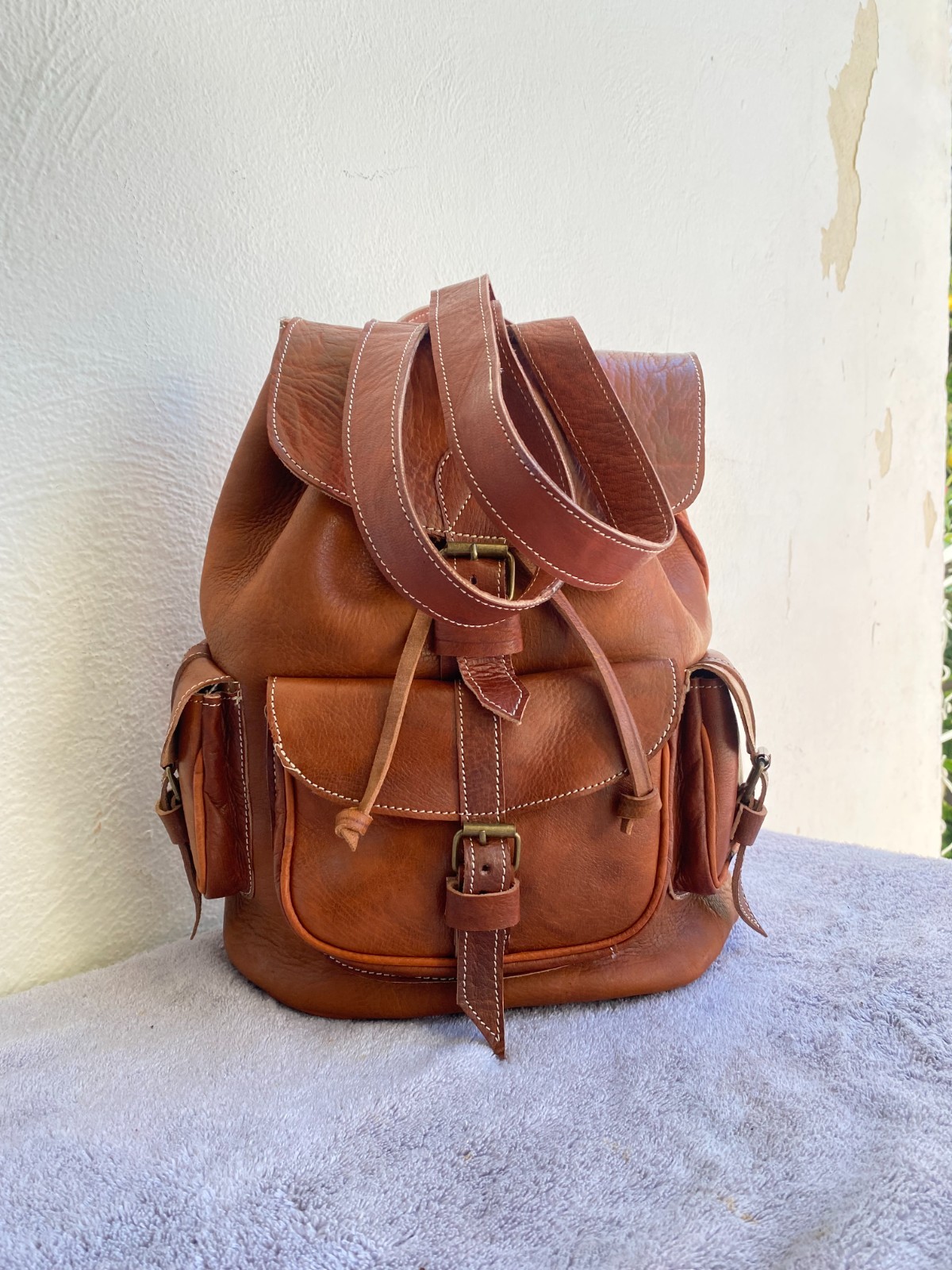 Cognac Leather Backpack Handmade Morocco Belt Buckle Front Back Pocket