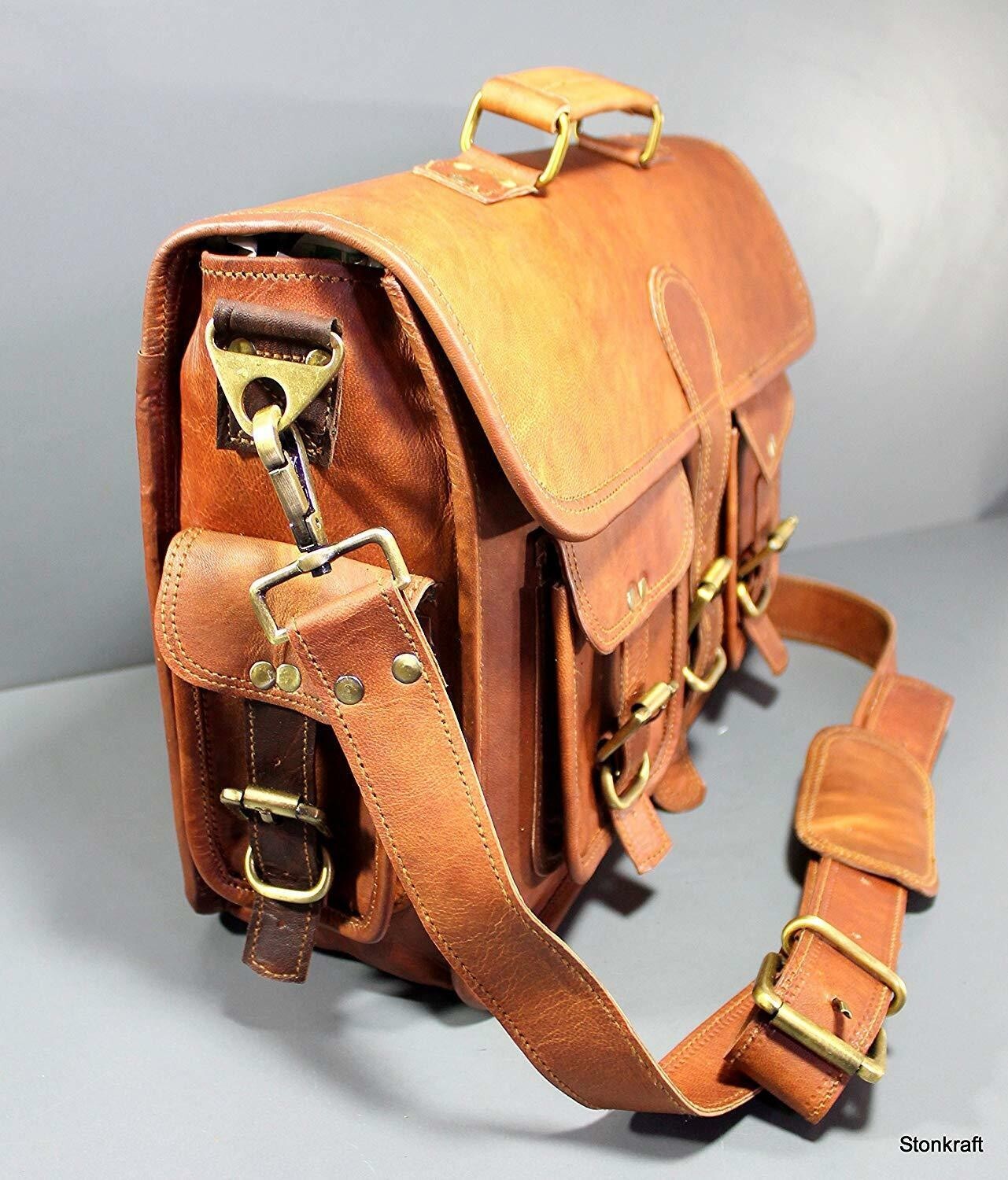 Goatskin Leather Bag Genuine Messenger Laptop Mens Brown Vintage Genuine Cros…