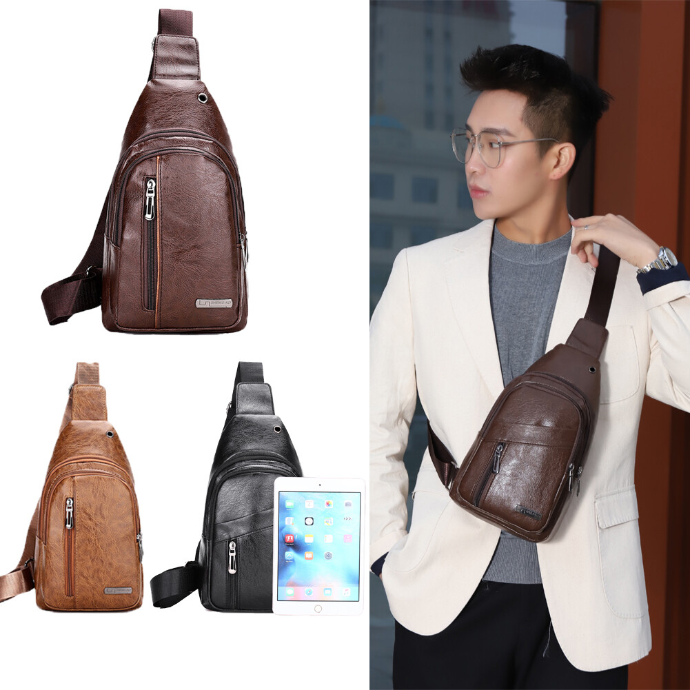 Men’s Chest Bags Sling Backpack Leather Crossbody Purse with Earphone Cable Port