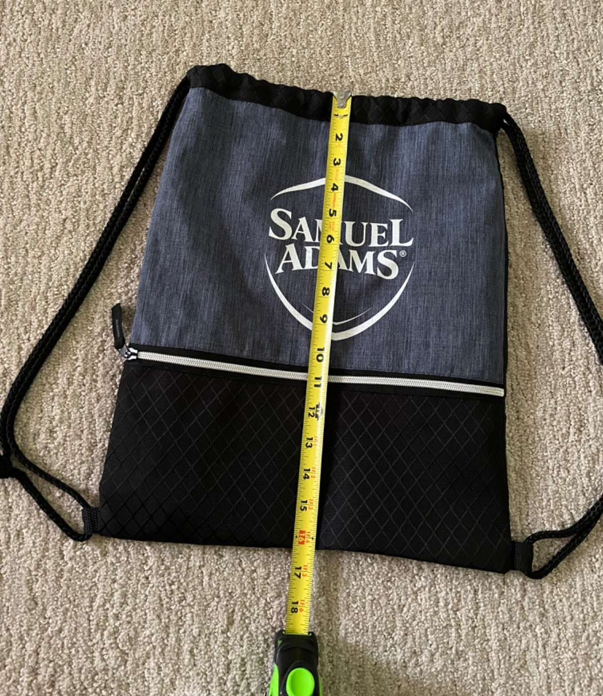 Samuel Adams Heather Navy/Black Drawstring Backpack Front Zip Pocket Logo