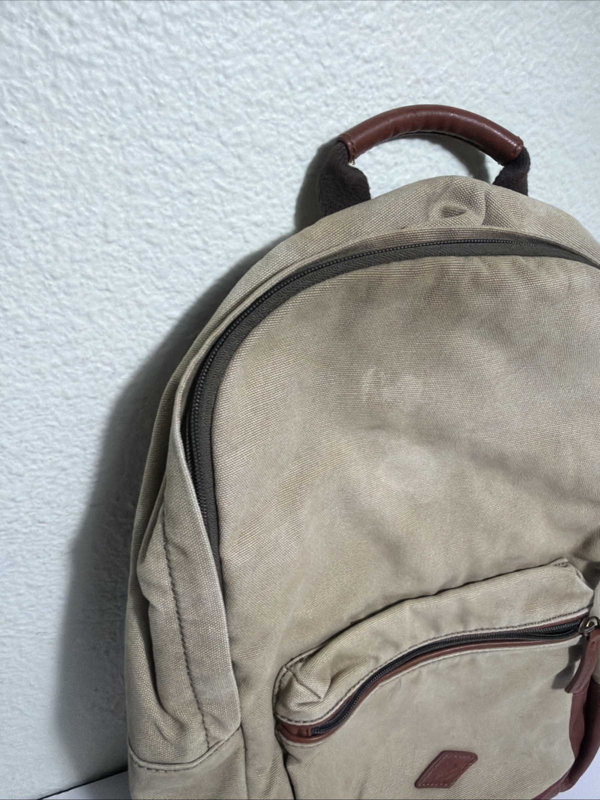 Fossil Estate Canvas Leather Backpack Beige Brown Stained 16x10x5