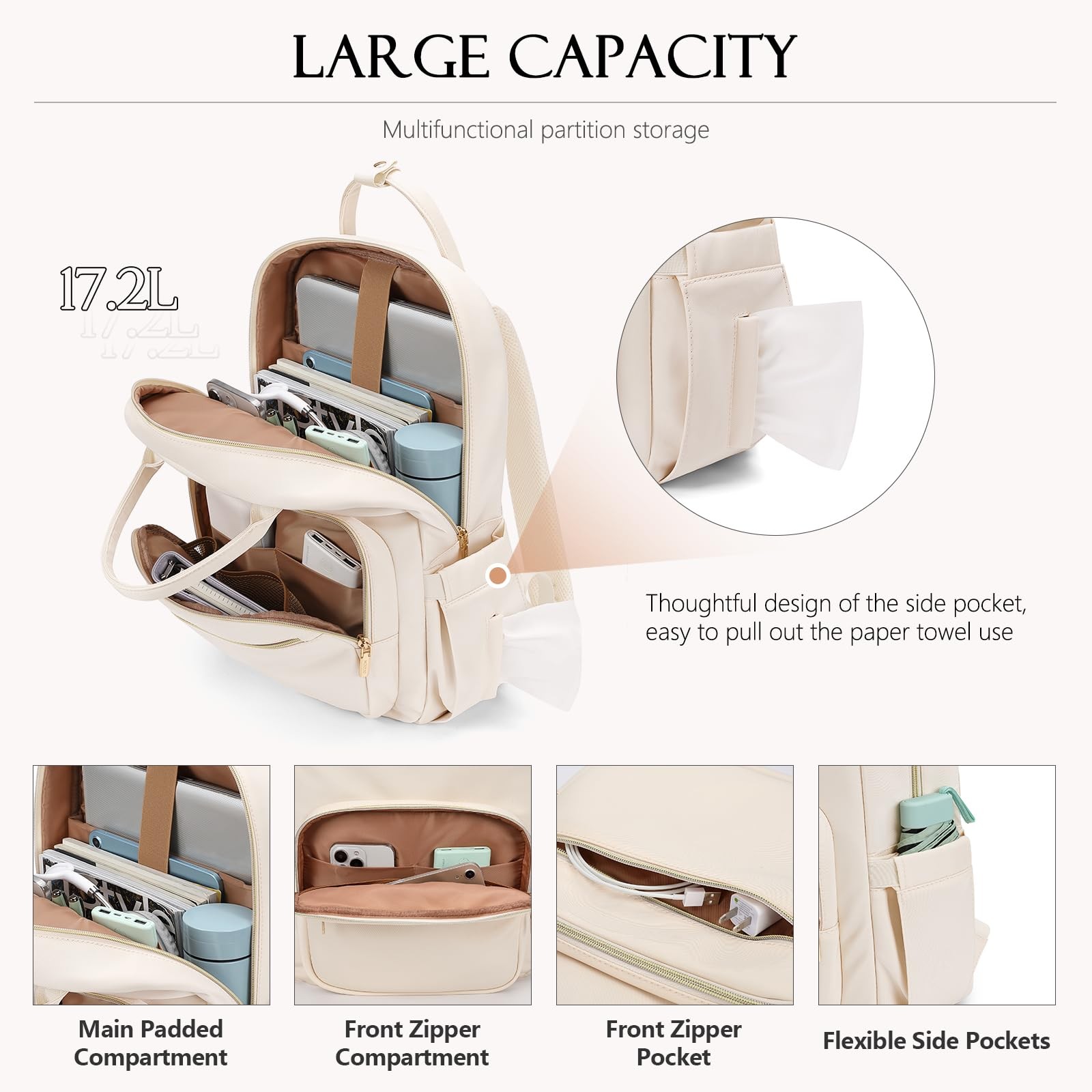 Laptop Backpack Women 16 Inch Teacher Compartment Waterproof Carry On Beige