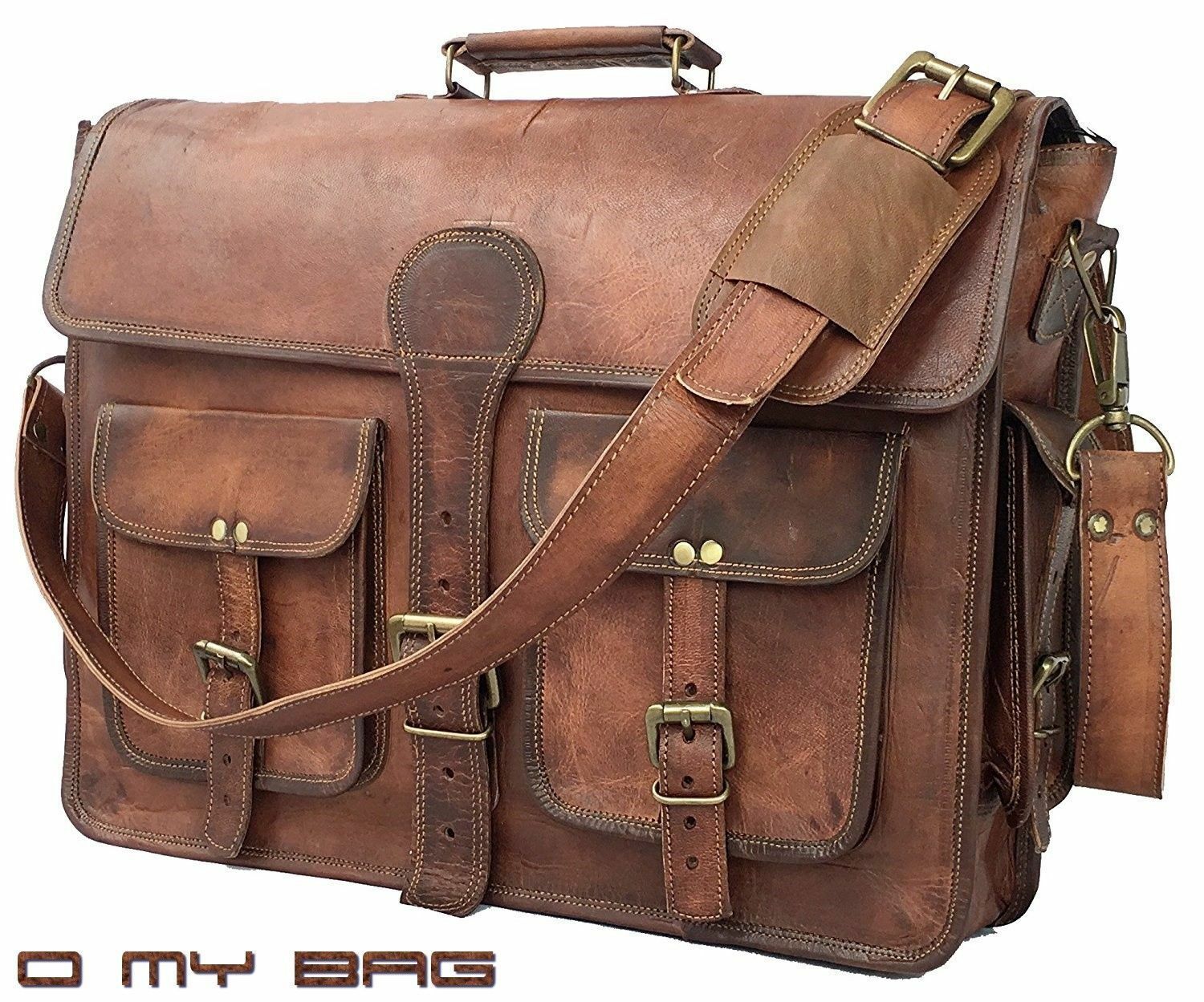 Brown vintage goat leather messenger Real satchel bag genuine laptop briefcase