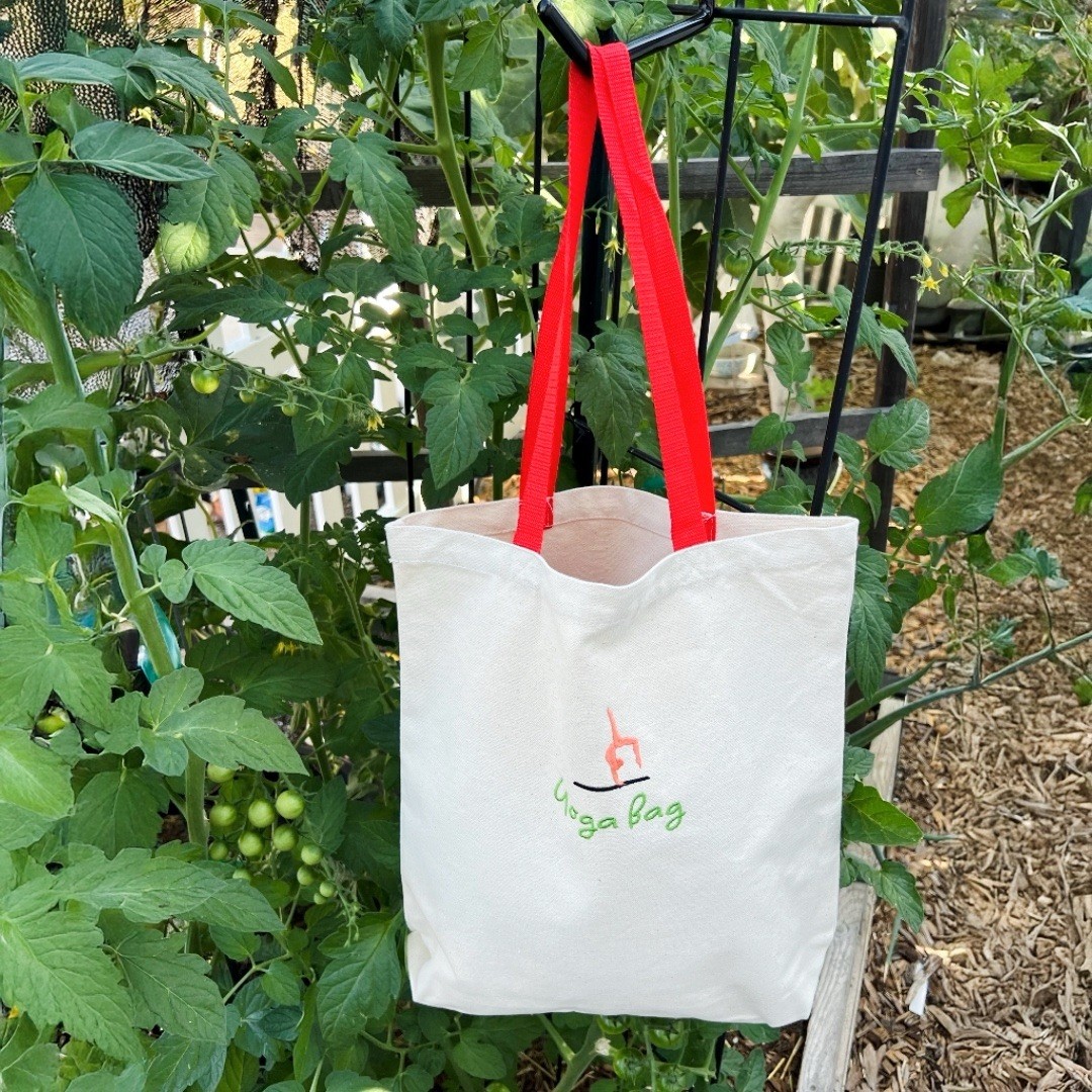 Yoga Bag logo Custom Embroidery Natural Color neon red handles Canvas tote Bag