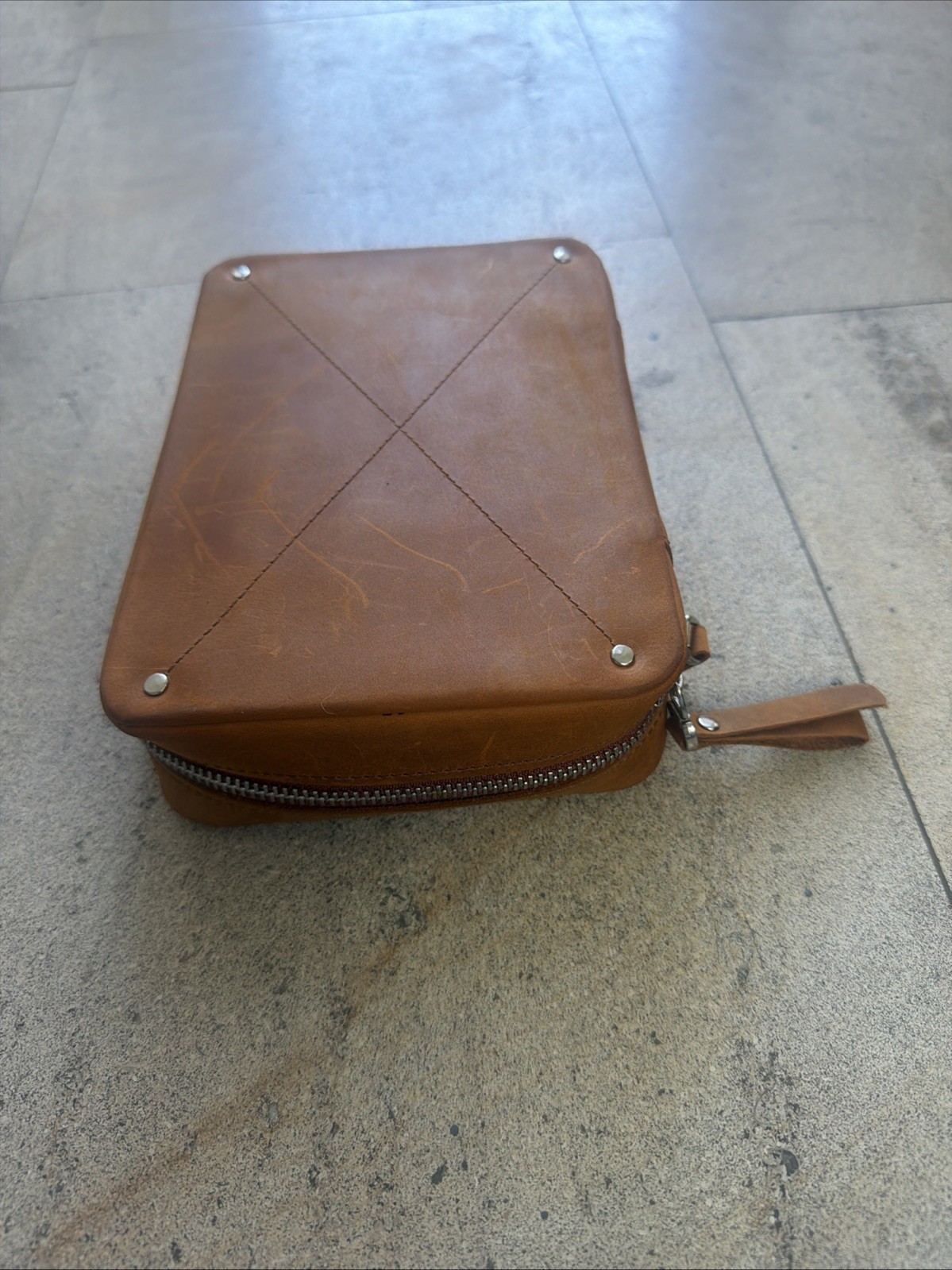 Hidemont Tech Organizer Full-Grain Leather Brown Zip Pouch Carry Case MSRP$75