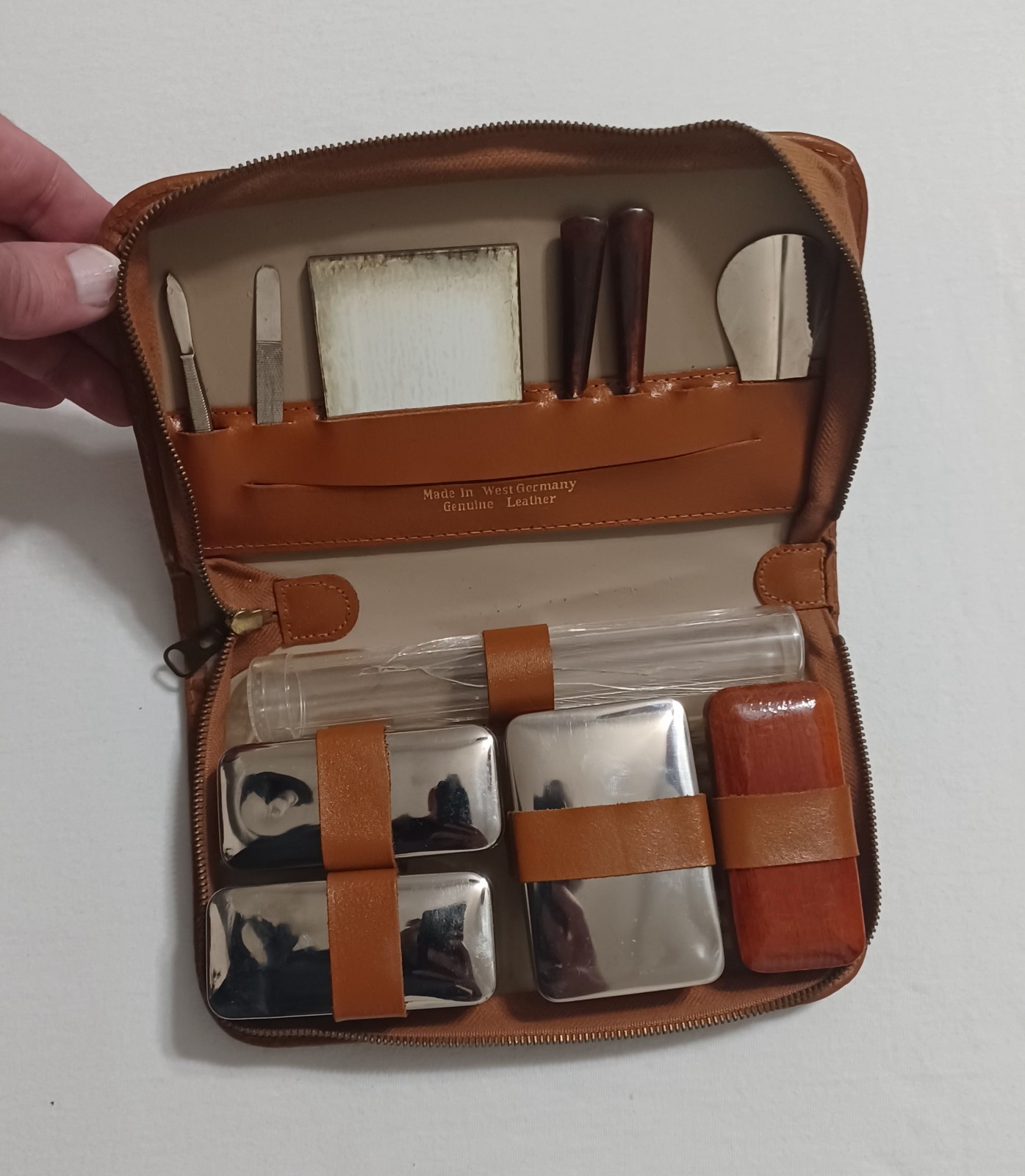 Vintage West Germany Leather Grooming Kit With Manicure Set & Brush, Zippered