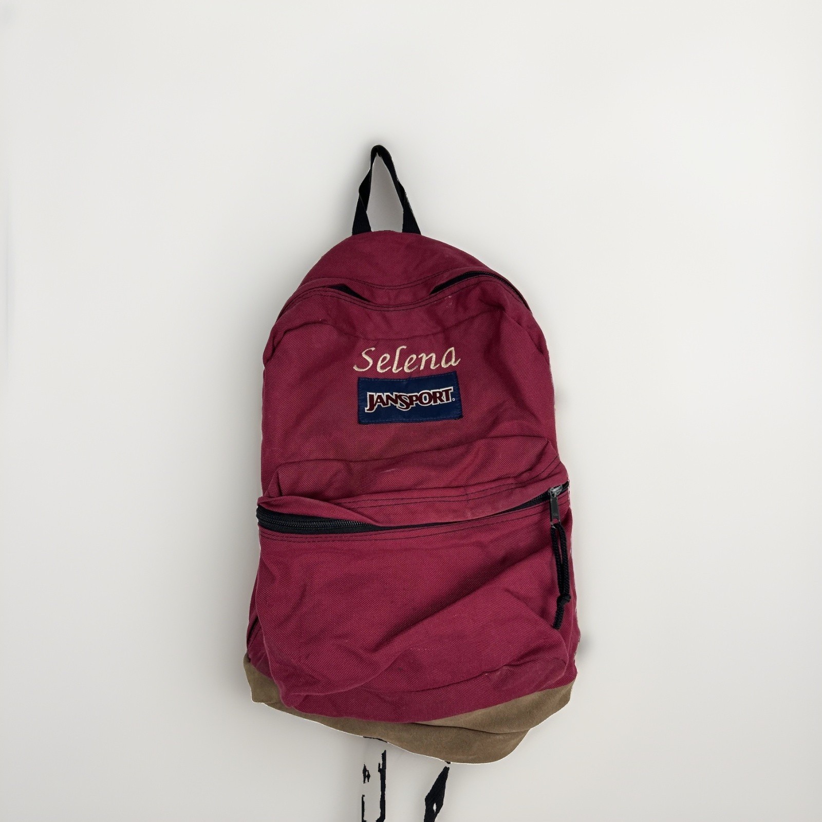 Vintage Jansport Backpack Maroon Red Brown Suede Bottom Embroidered “Selena”