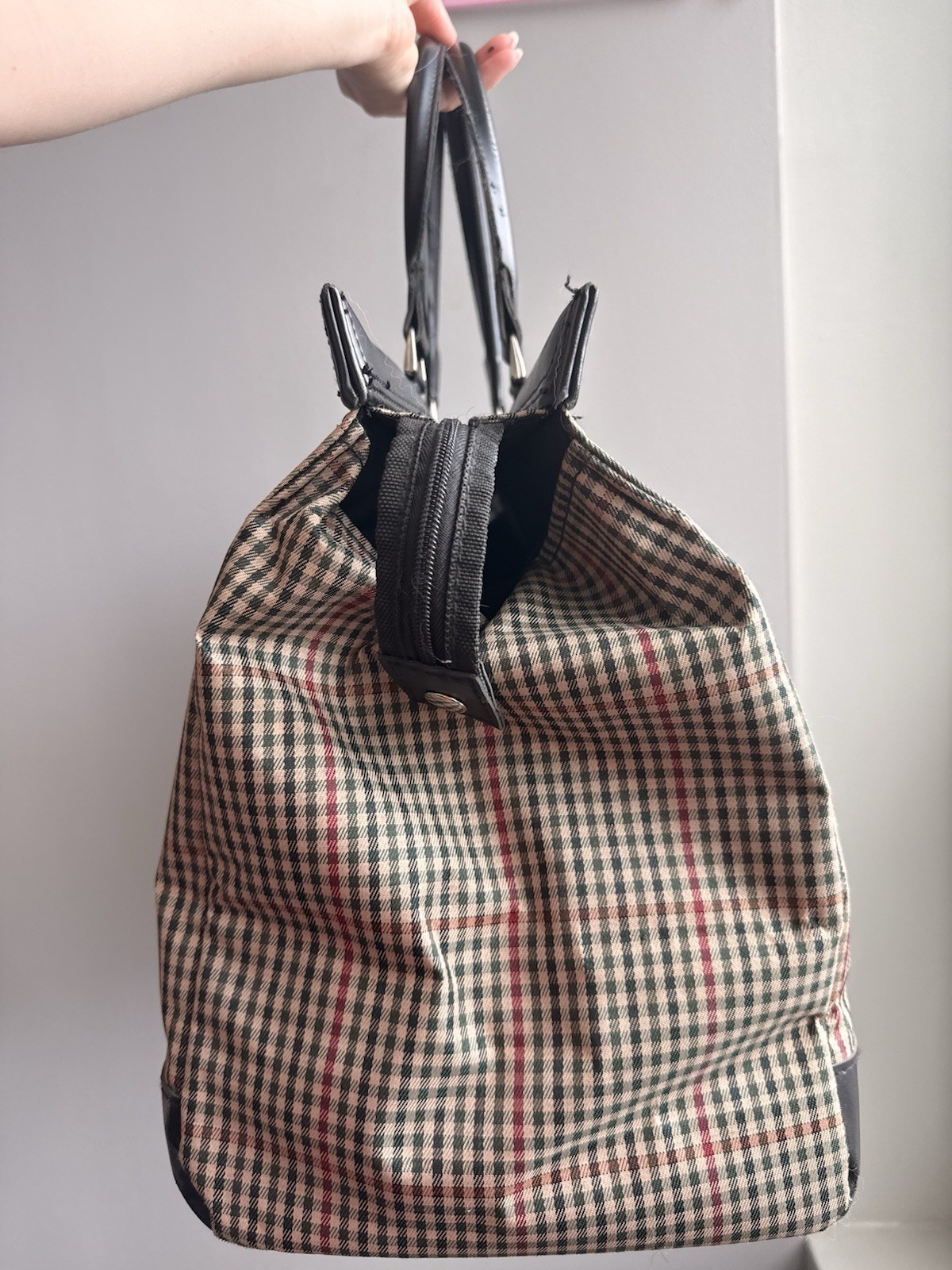 DVF Checkered Vintage Bag, Leather Handles, Zip, Black Beige Red Green