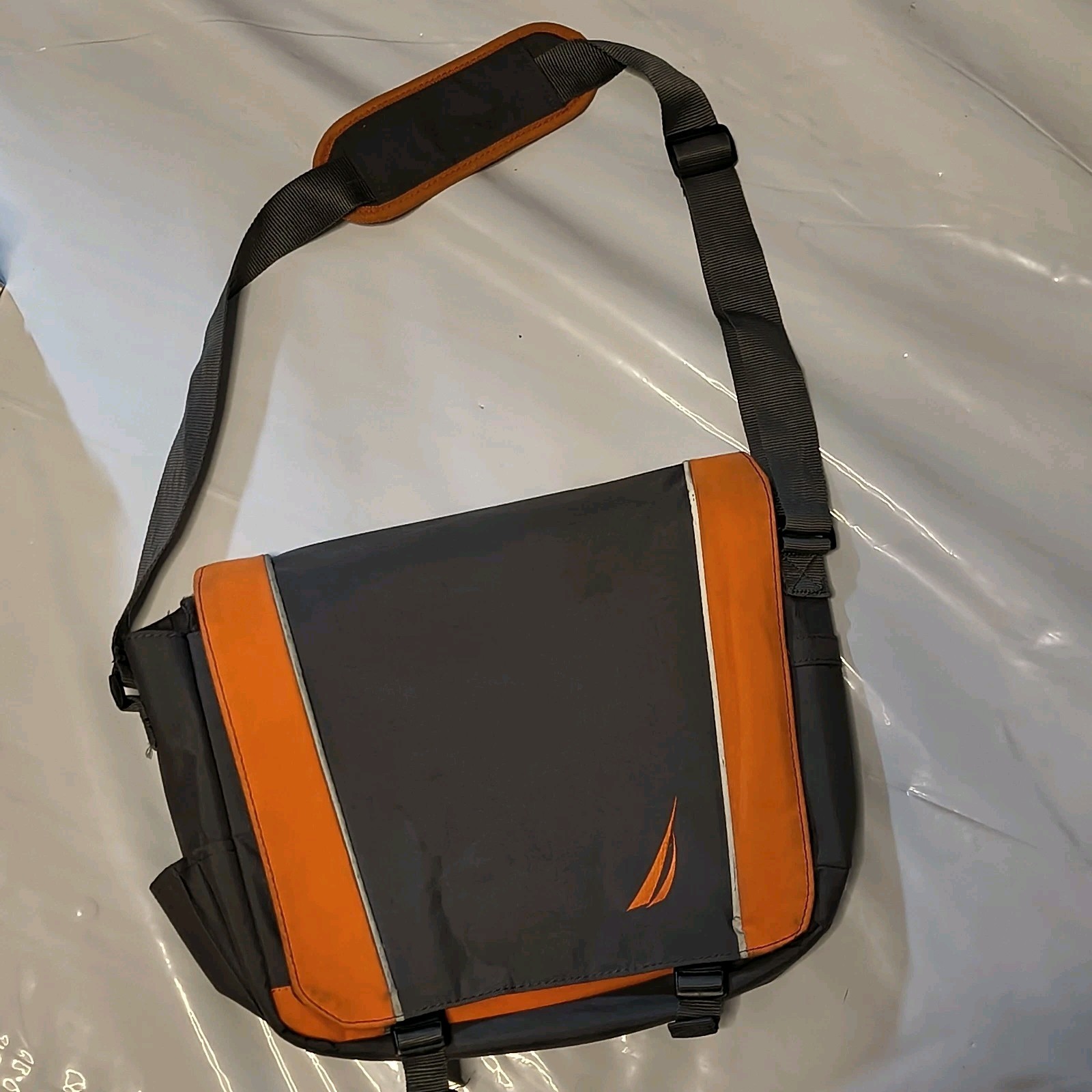 Nautica Fleet Messenger Bag Laptop Canvas Gray and Orange Flap Adjustable Strap