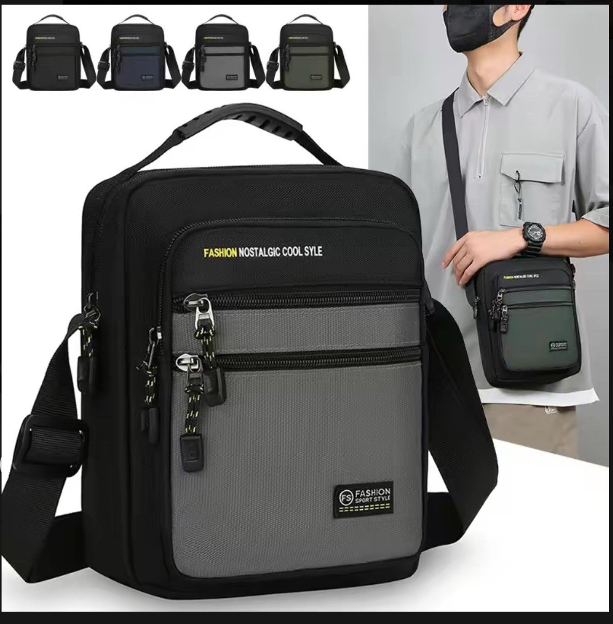 Unisex Crossbody Shoulder Bag Black Gray Colorblock Zip Pockets Adjustable Strap