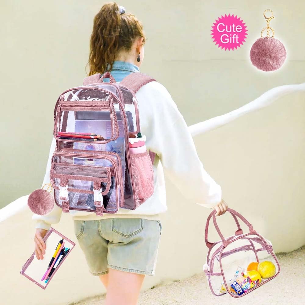Clear Backpack Heavy Duty, 3PCS Girls See Through School Bag Set, Cute Transp…