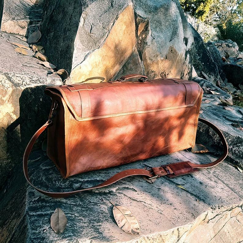 Men Handmade Vintage Brown Leather Luggage Weekender Overnight Travel Duffel Bag