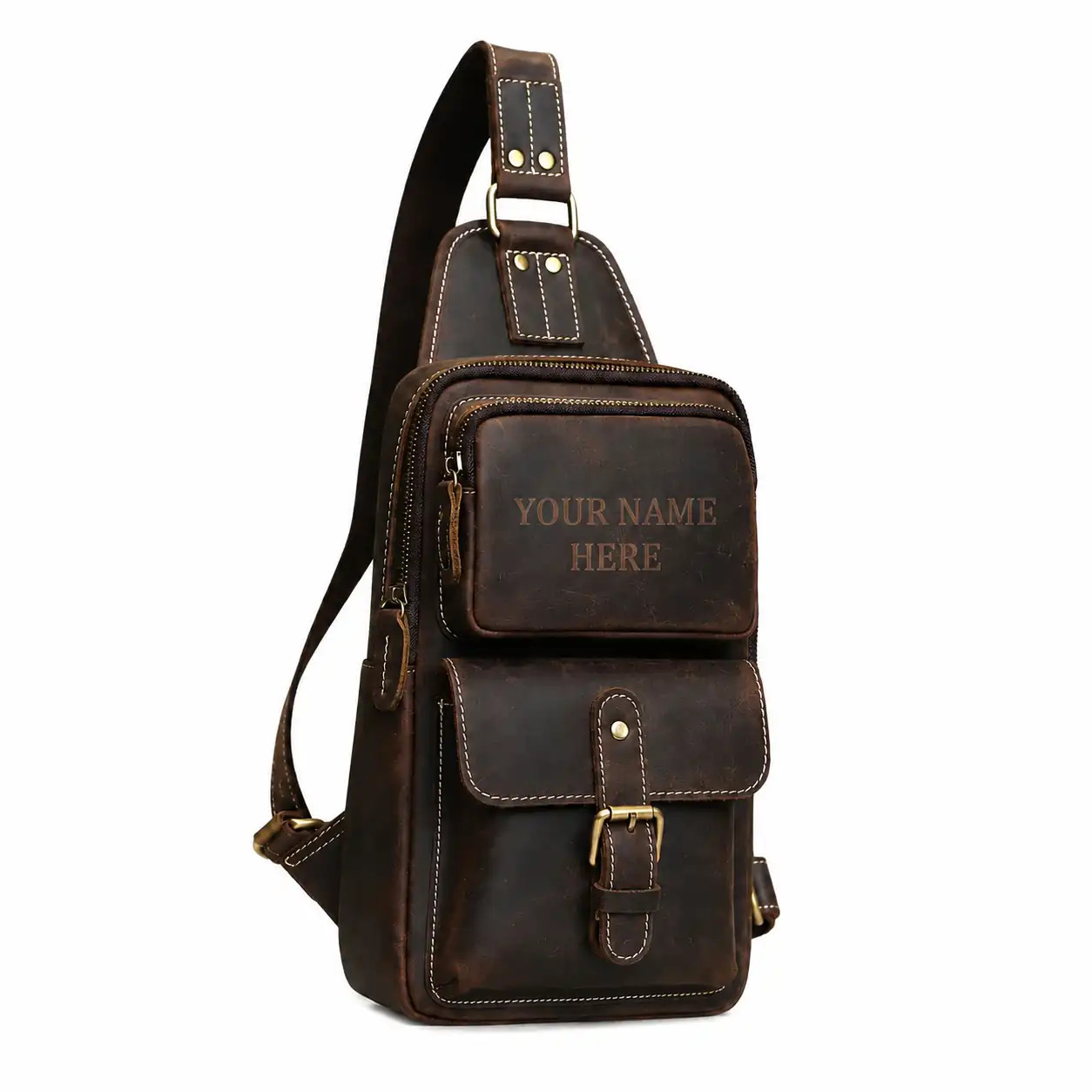 Vintage Leather Daypack Men Personalized Brown Shoulder Crossbody Sling Bag