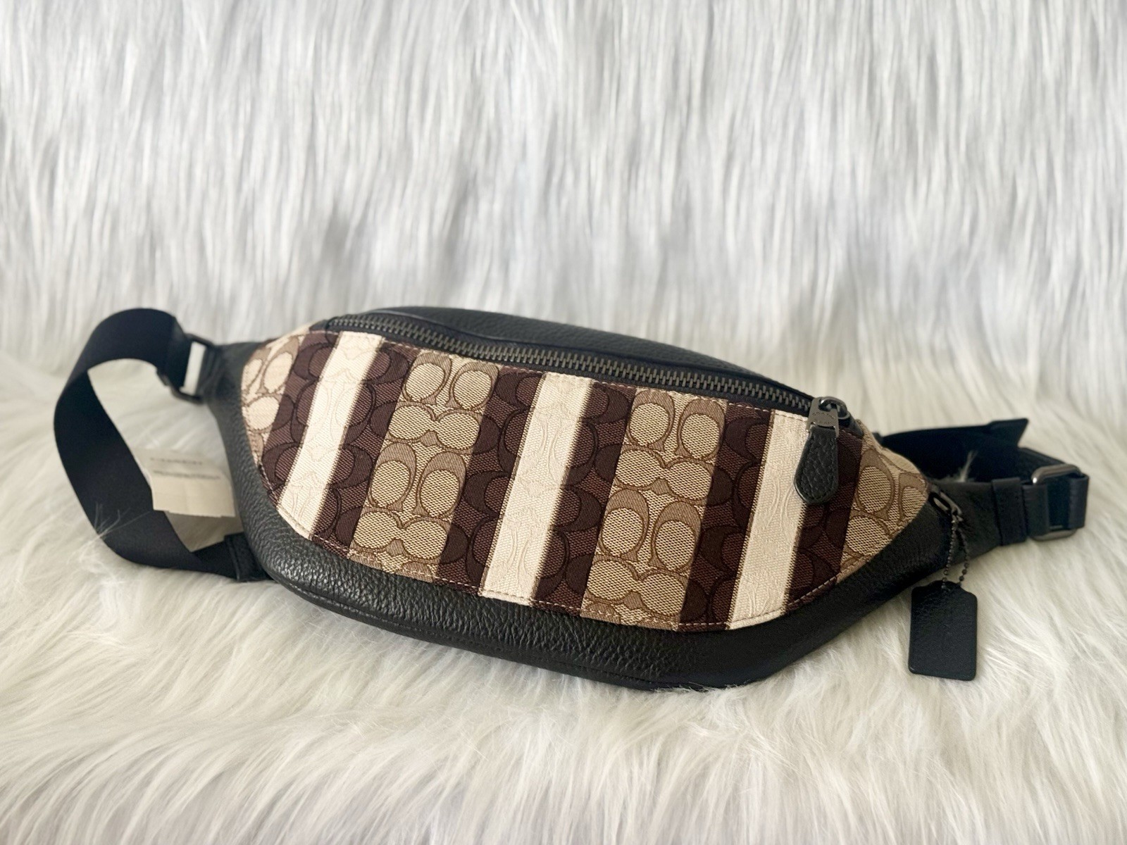 NWT COACH Warren Belt Bag In Signature Jacquard With Stripes C5292 Khaki Black