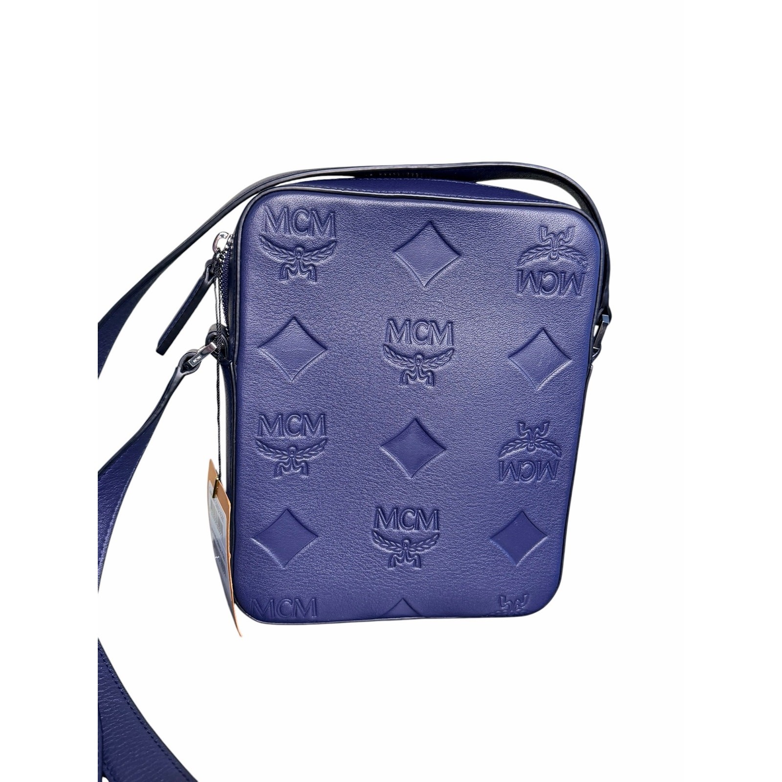 MCM NWT Klassik Monogram Embossed Leather Crossbody Bag in Navy Blue