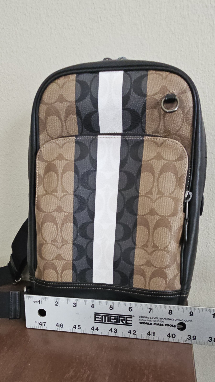 Coach Logo Stripe Sling Backpack, Zip Closure, Adjustable Strap Brown/Black