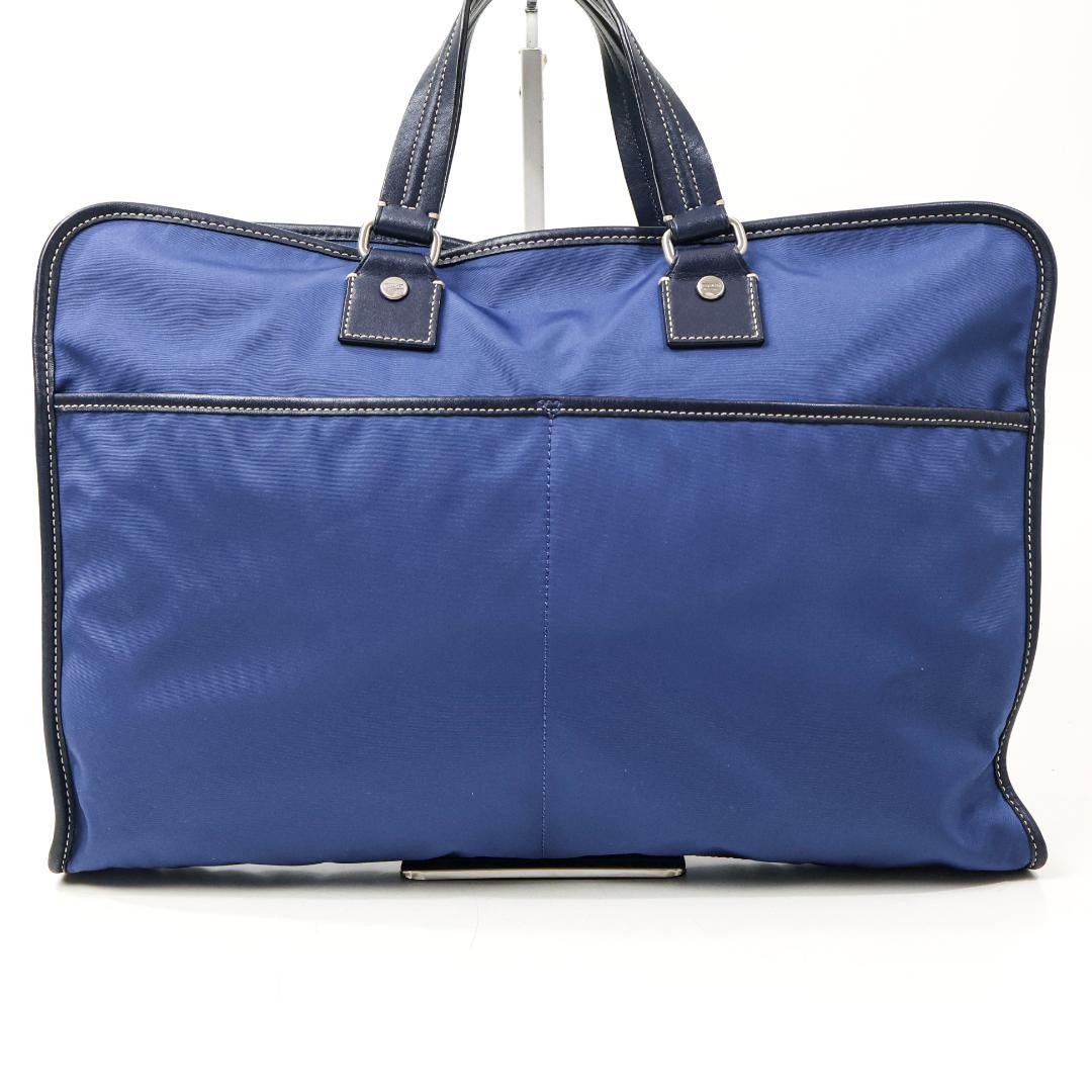 Coach Nylon Leather Business Bag, Blue, 17.3 x 11.8 x 2.4 inches, Used