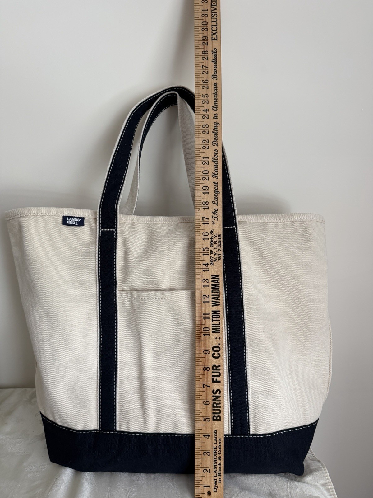 Lands End White Navy Canvas Boat Tote Bag Beach X-Large 23” x 10” 2003? * A