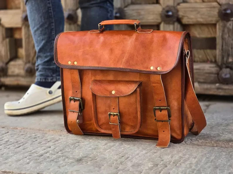 Men’s Genuine Goat Leather Messenger Bag Real Brown Laptop Briefcase Satchel