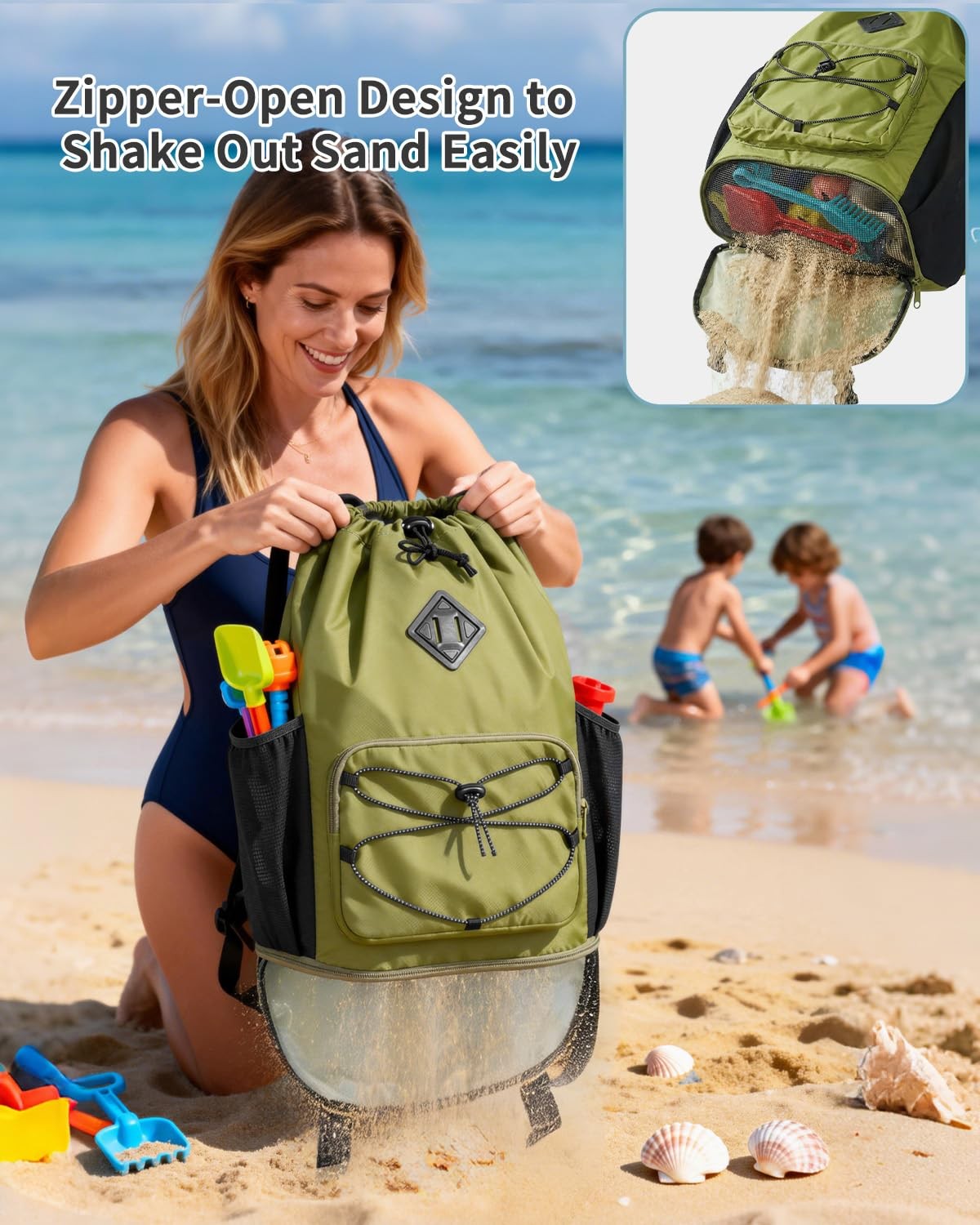 WANDF Drawstring Backpack with Removable Wet Pocket, Sandproof Beach Backpack…