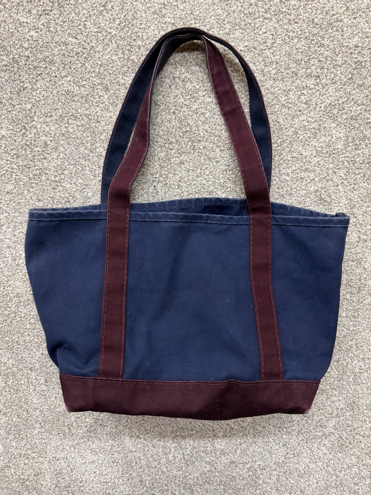 VTG Lands End Canvas Tote Bag Made in USA Blue Burgundy Two Tone 18” 90s Rare