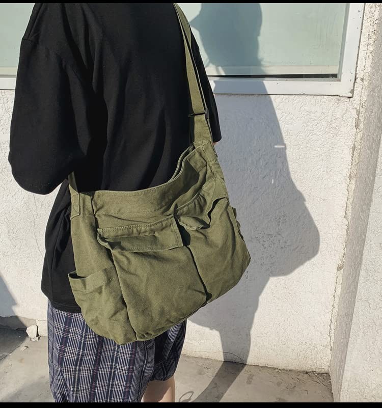 Canvas Messenger Bag Large Crossbody with Multiple Pockets Large, Green