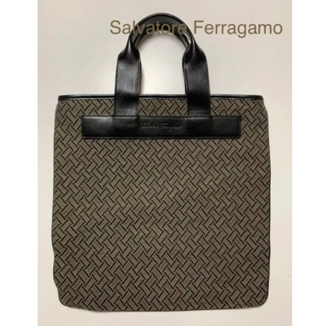 Ferragamo Men’s Business Tote Bag Vintage Black Beige Leather 36.5x37x0.5cm