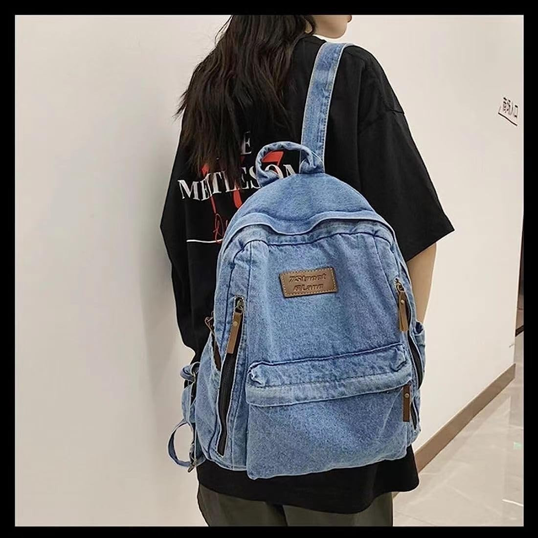 Denim Backpack for Women Men Vintage Grunge Backpack Blue Jeans Laptop Backpack