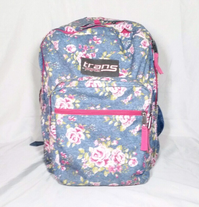 Trans By Jansport Backpack Floral Roses Blue Denim Pink Mulitipocket College HS