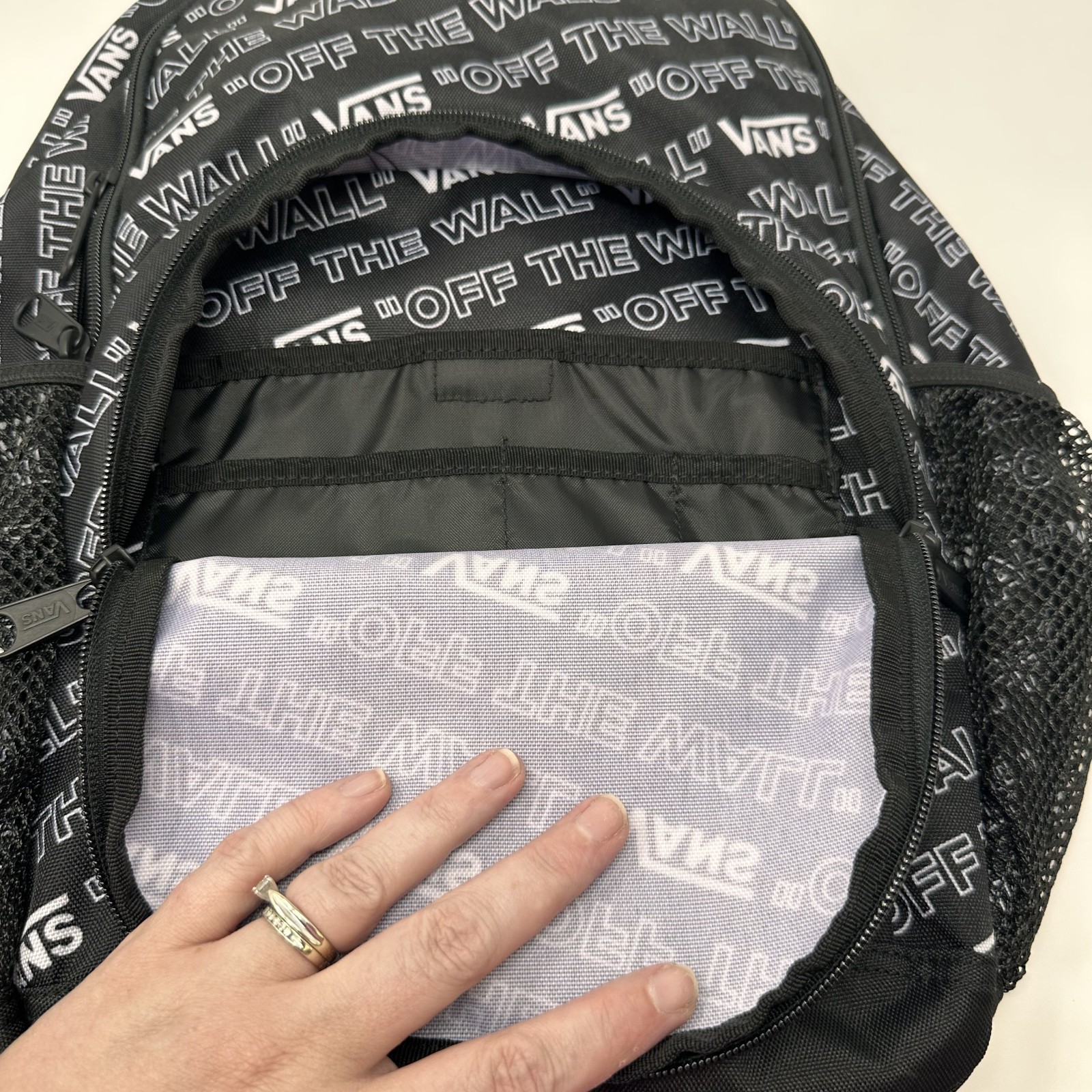 VANS Off The Wall BACKPACK All Over Print AOP Logo Black White SCHOOL Laptop NWT