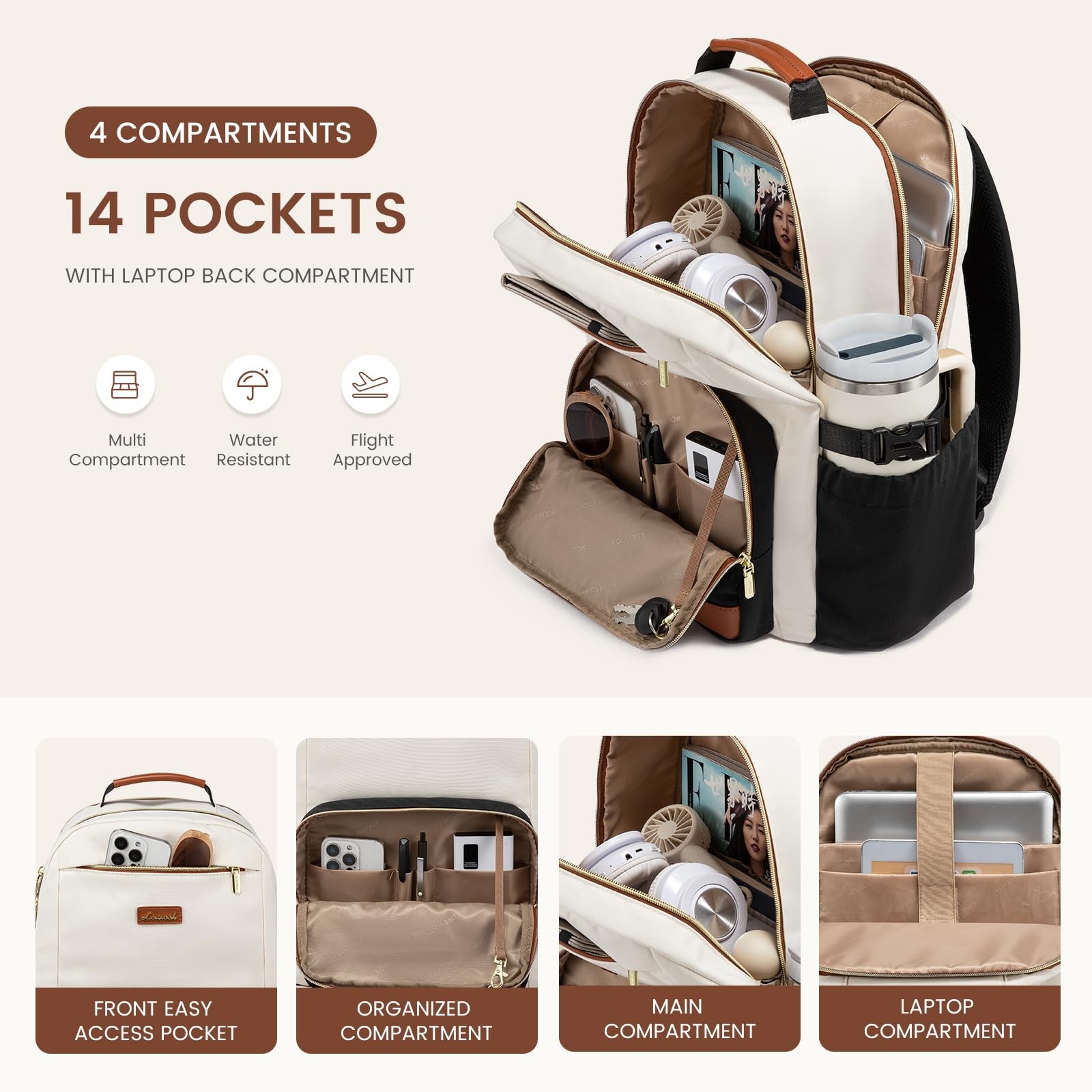 Women’s 15.6 Inch Laptop Backpack Waterproof Travel Nurse Bag Khaki
