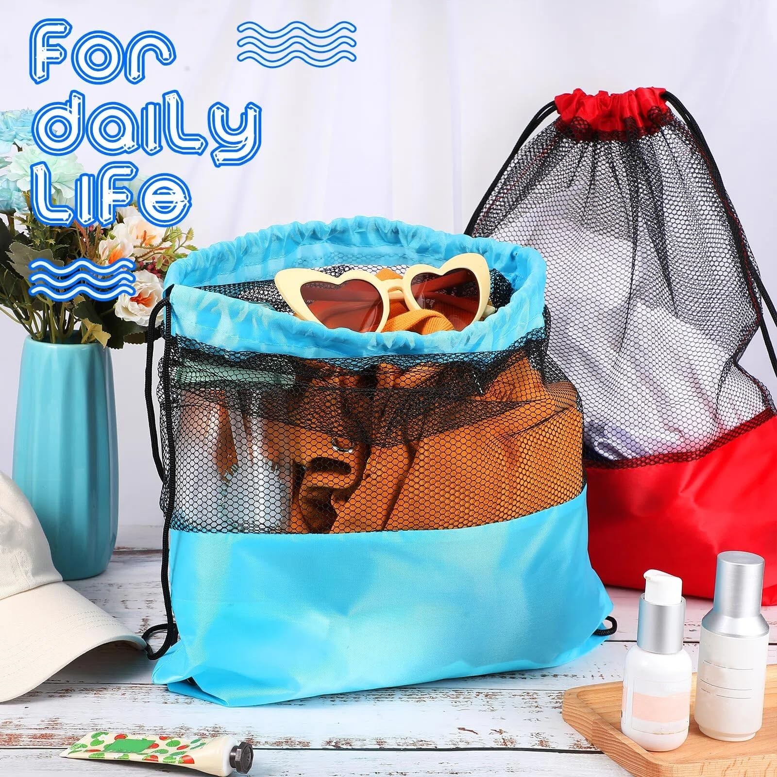 Mesh Drawstring Bags 12 PCS Net Backpack Sports Storage Beach Gym Mixed Colors