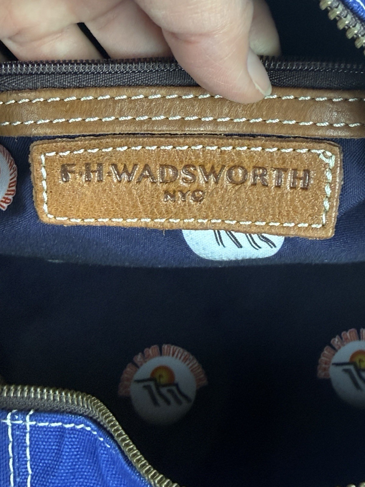 F.H. Wadsworth NYC Blue Matron Fabric Brown Leather Trim Zip Duffle Bag New