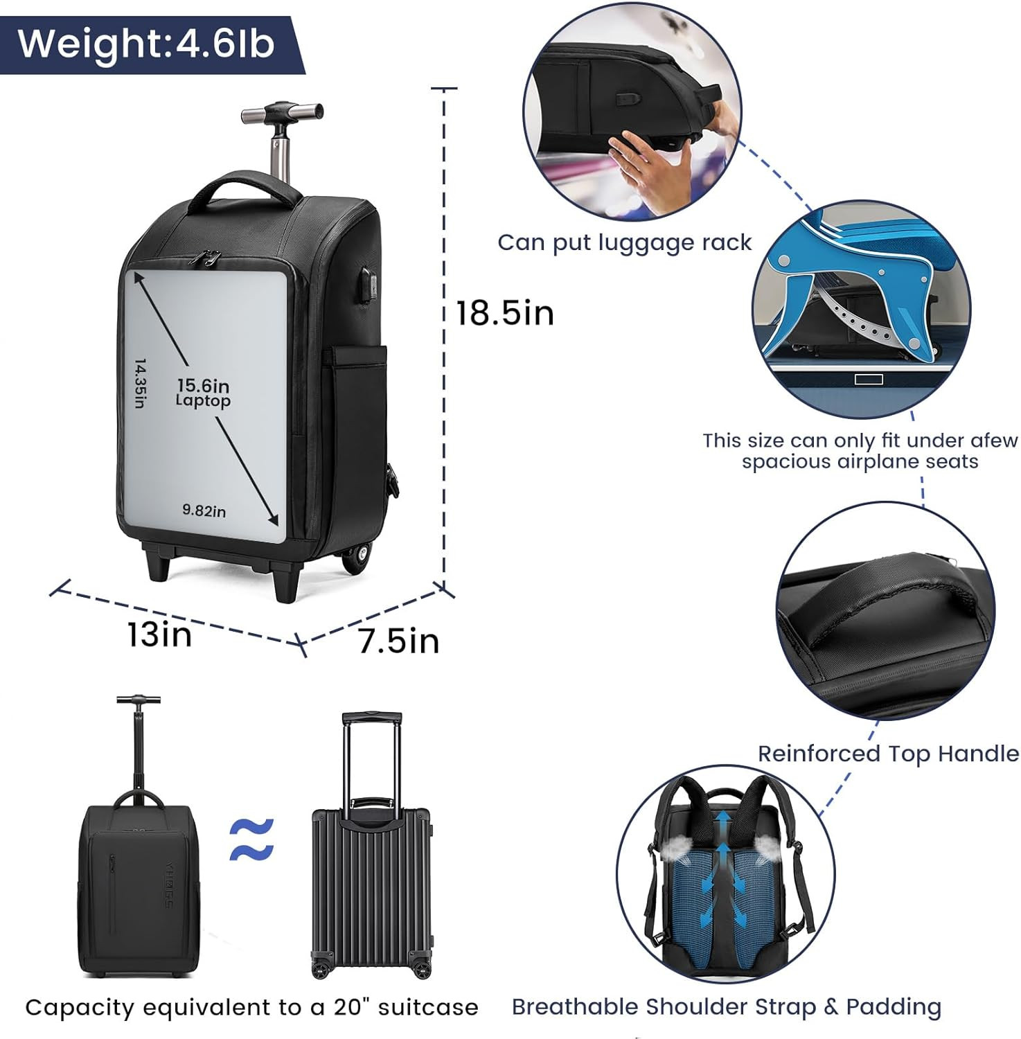 Rolling Backpack with Wheels, Waterproof Wheeled Backpack with USB Ports for Men
