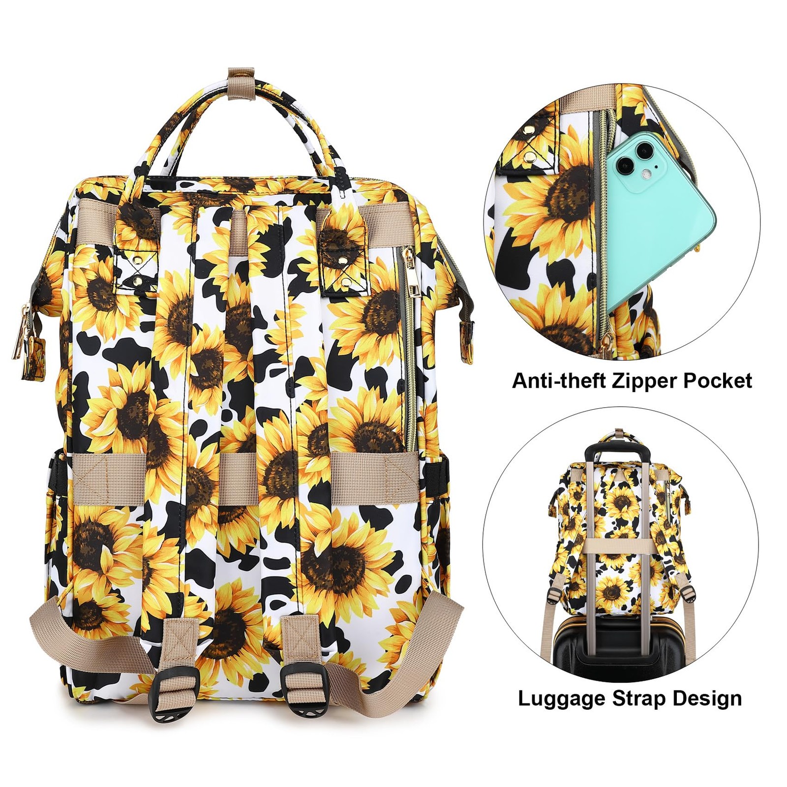 Sunflower Cow Print Laptop Backpack College School Nurse Bags 15.6 Inch