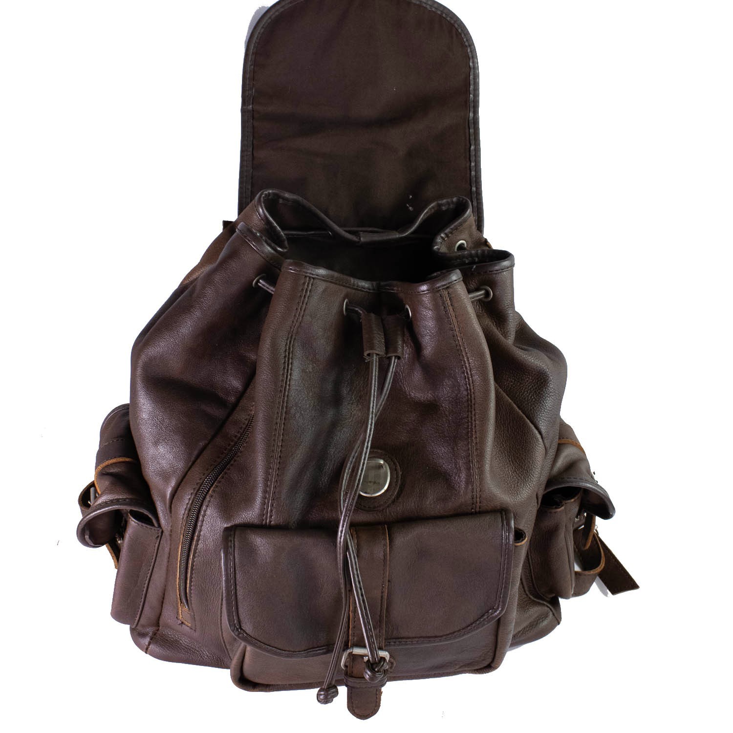 Genuine Cowhide Leather Backpack Brown Drawstring Rucksack Multi Pocket