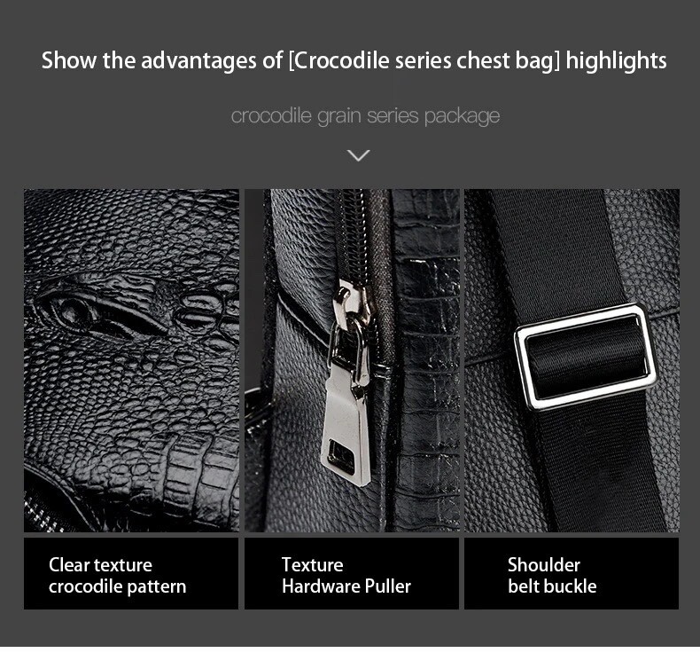 Unisex Leather Crocodile Pattern Chest Bag Sling Backpack Crossbody Black
