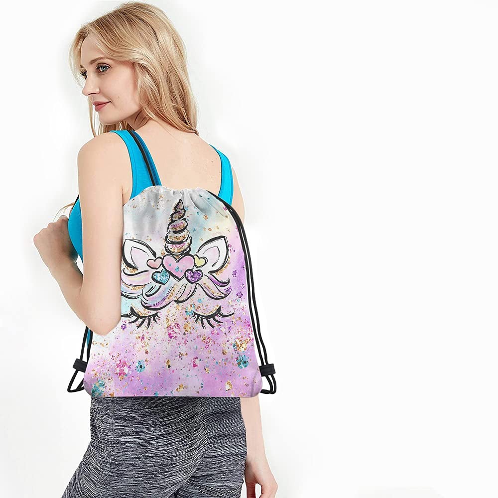 Pink, Multicolor Unicorn Cartoon Animal Modern Drawstring Backpack, 14×16.9 I…