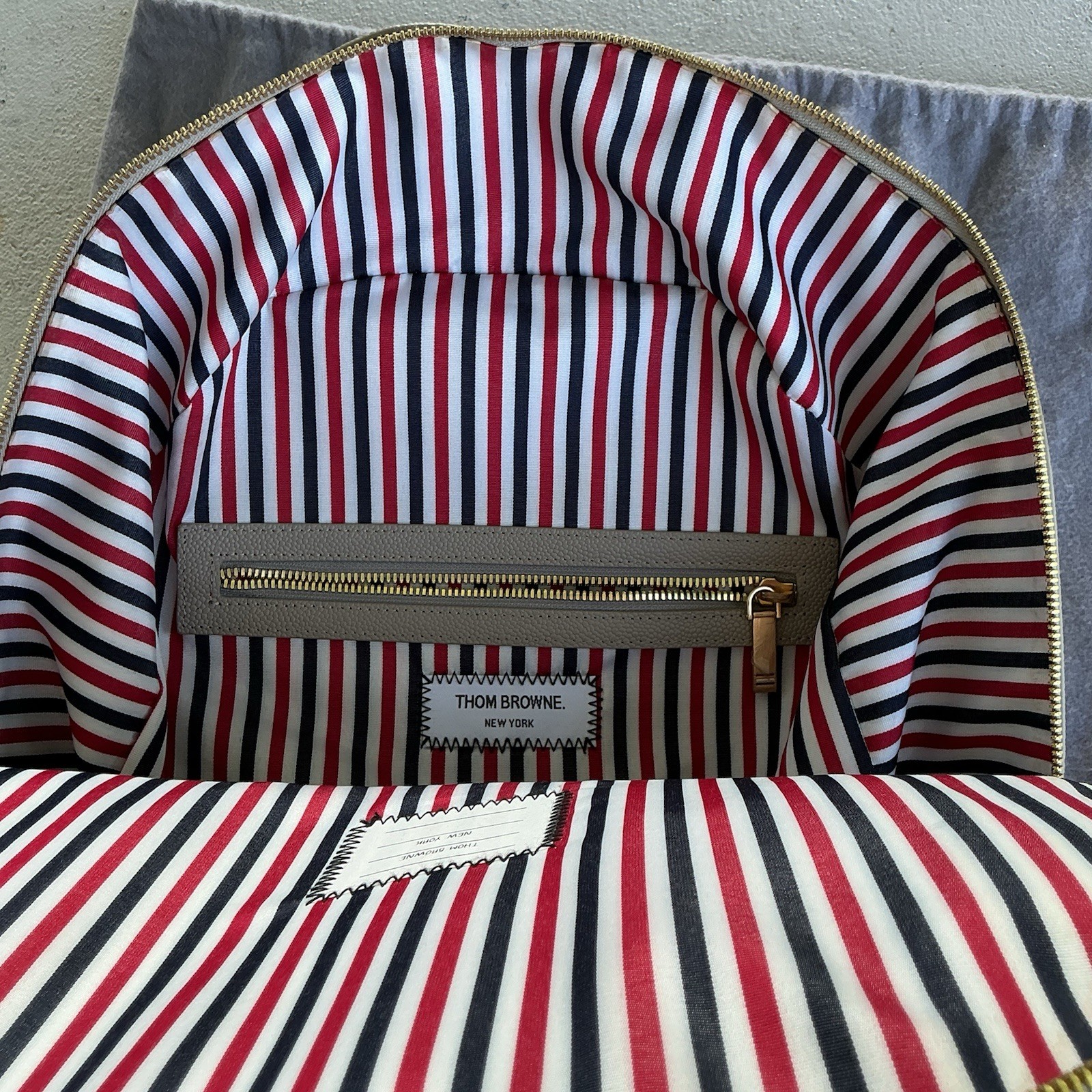 Thom Browne Gray/White Striped Zip Backpack Gold Hardware Dust Bag Pockets