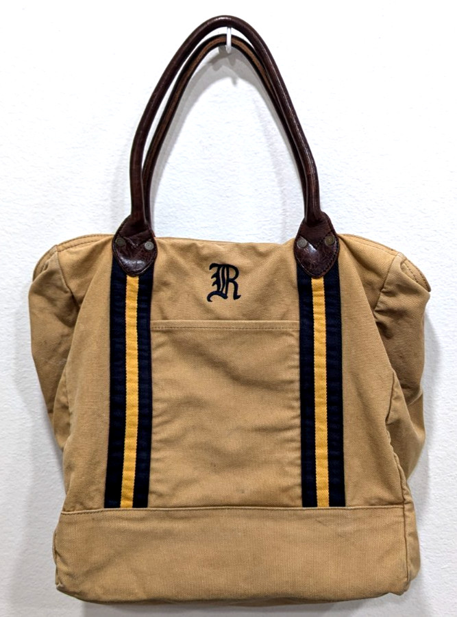 Vtg RALPH LAUREN RUGBY Tote Bag Canvas Leather Handles Shoulder Luggage Logo *