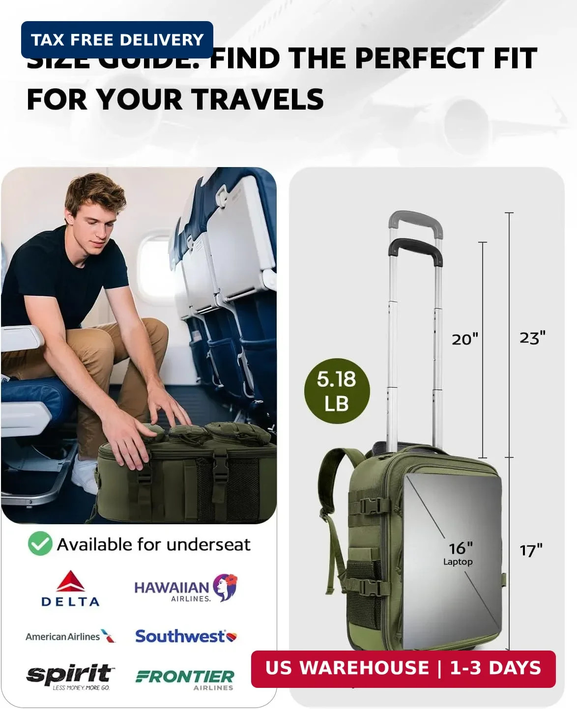 Rolling Tactical Laptop Backpack, Underseat Travel Backpack with Wheels, 16 Inch