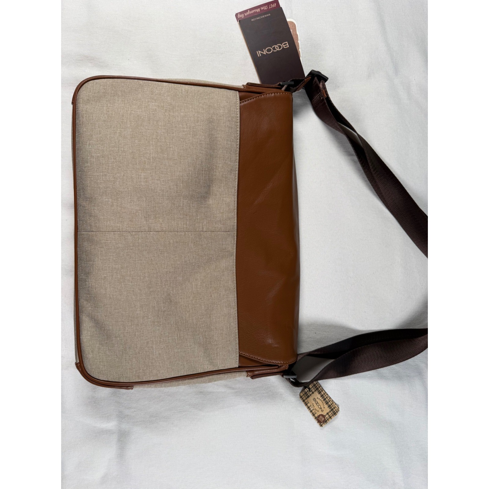 Boconi RPET Slim Messenger Bag Brown Leather Recycled Fabric Laptop RFID New