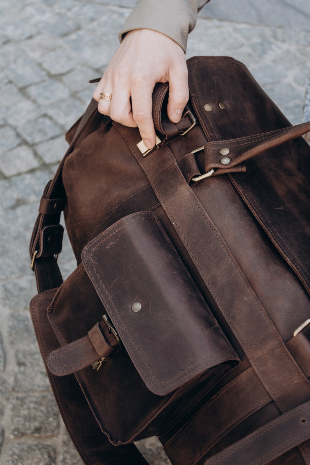 Brown leather duffle bag for men